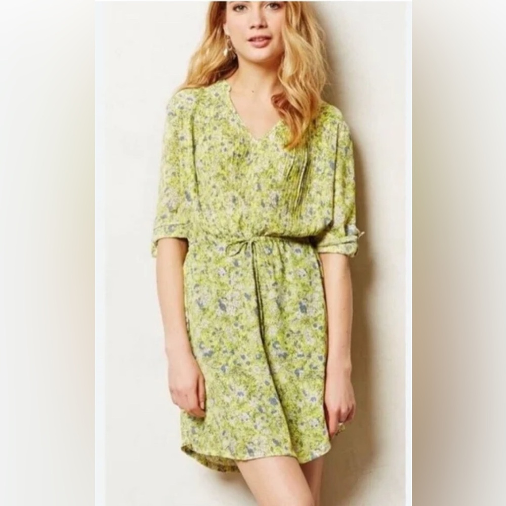 Anthropologie Maeve Yellow and Gray Floral Dress, Sz. L 3/4 Sleeve Mini Dress.